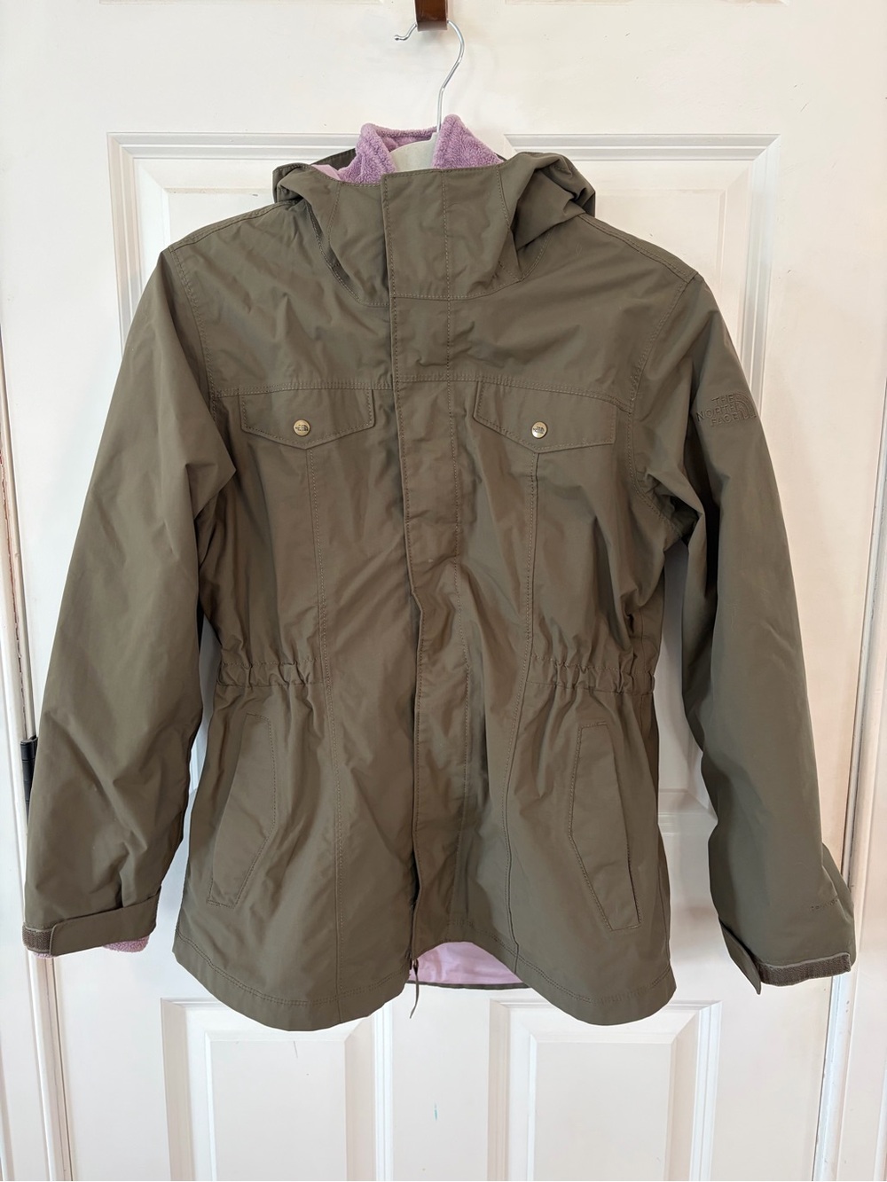 The North Face Kids Olive Green Raincoat with Pink Lining